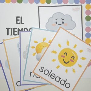 El tiempo de hoy es…” | Flashcards de clima + tablero
